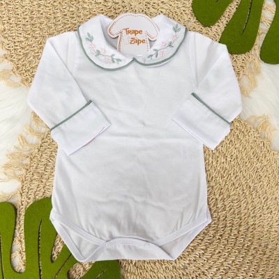 Body Branco com Gola Bordada Flores Rosa com Viés e Planta Verde Body Branco com Gola Bordada Flores Rosa com Viés e Planta Verde